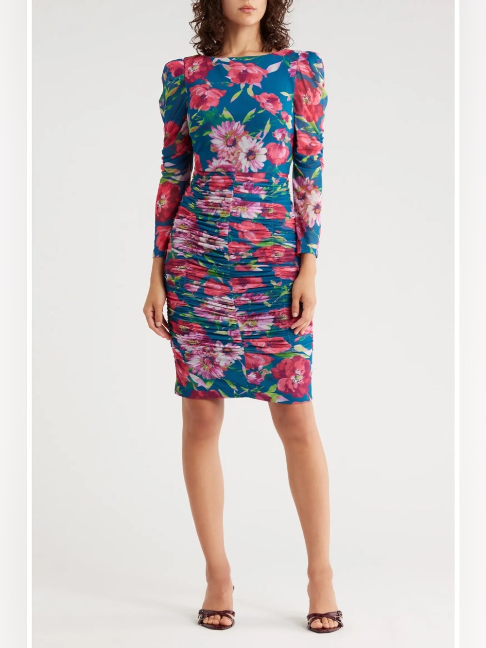 Eliza J Teal Floral Ruched Long Sleeve Sheath Dress with Pink Accents